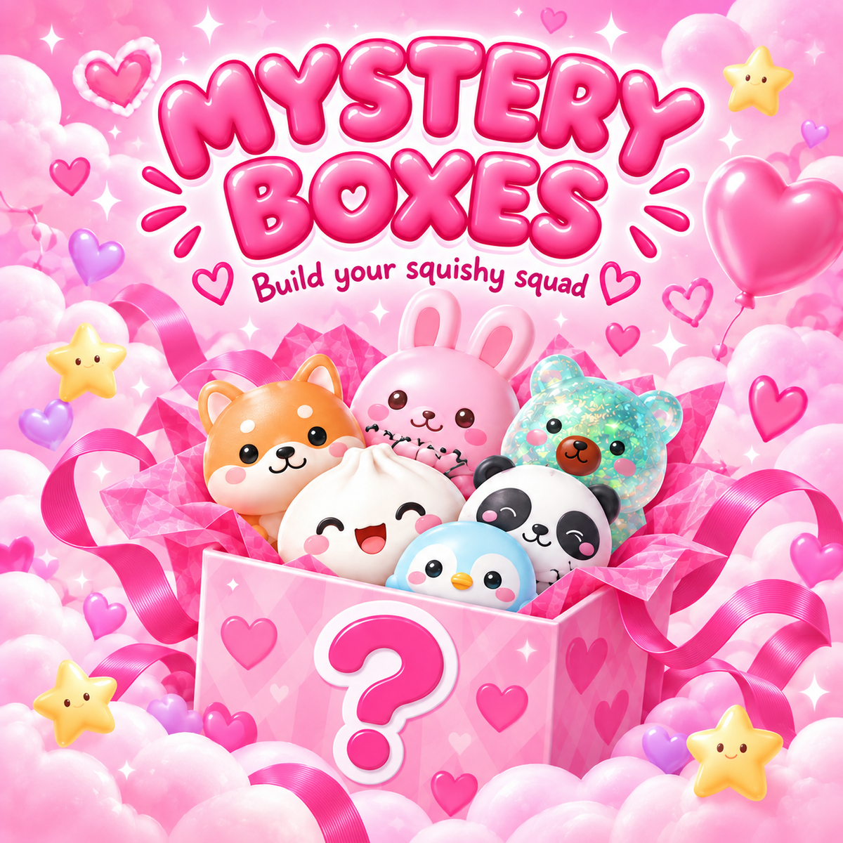 Pink Mystery Boxes collection featuring a surprise box filled with cute squishy animal toys including a bunny, panda, bear and penguin.