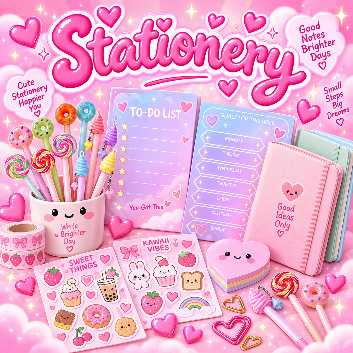 Pink Stationery collection featuring planners, notebooks, pens, stickers, to-do lists and weekly goal pads in a cute pastel style.