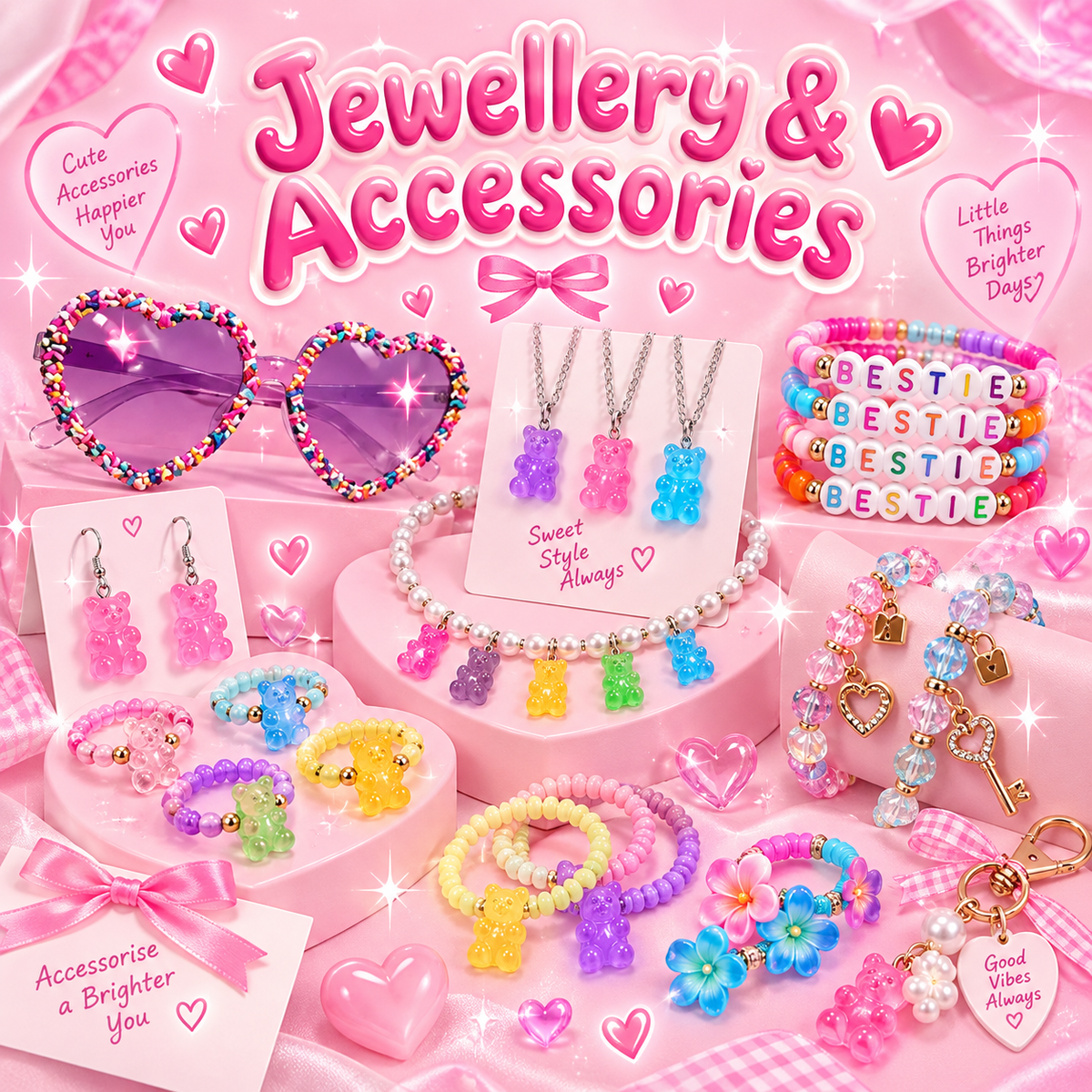 Pink Jewellery & Accessories collection featuring heart sunglasses, gummy bear necklaces and earrings, colourful bracelets and keyring charms.
