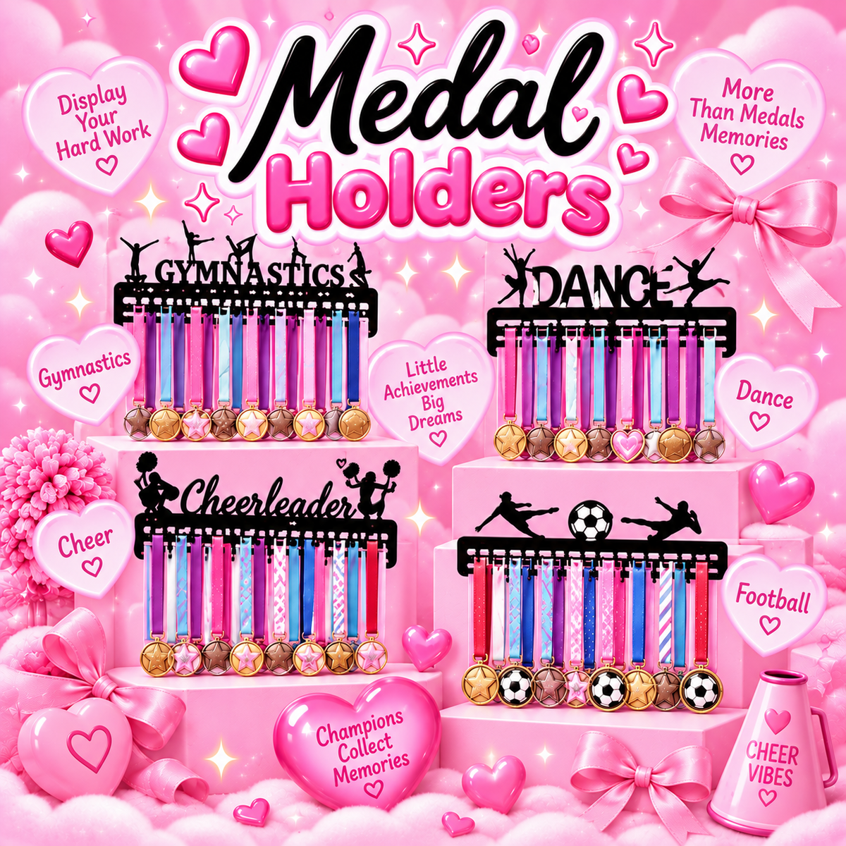 Pink Medal Holders collection featuring gymnastics, dance, cheerleading and football medal displays with colourful medals.