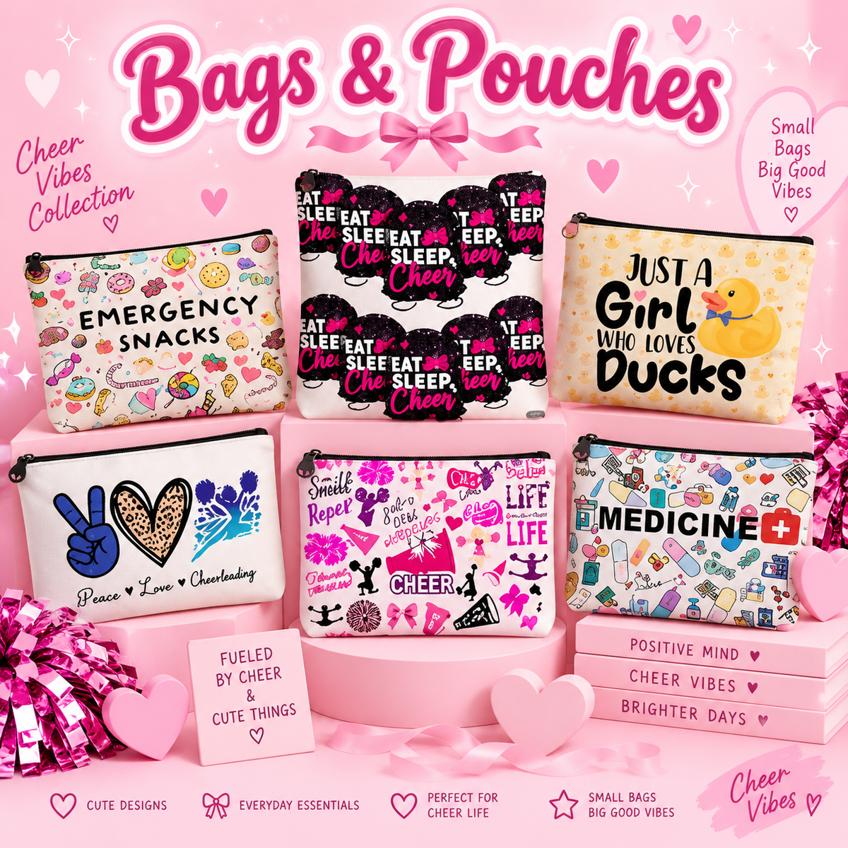 Pink Bags & Pouches collection featuring snack, cheer, duck and medicine pouches with a fluffy pink tote.