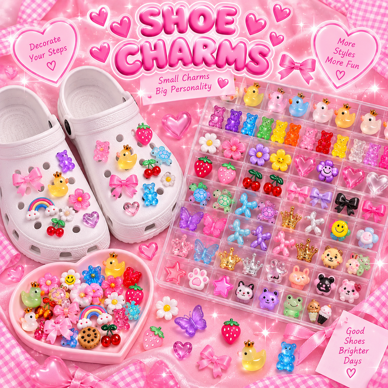 Pink Shoe Charms collection featuring white clogs decorated with colourful duck, bear, flower, fruit and bow charms beside a large charm display tray.