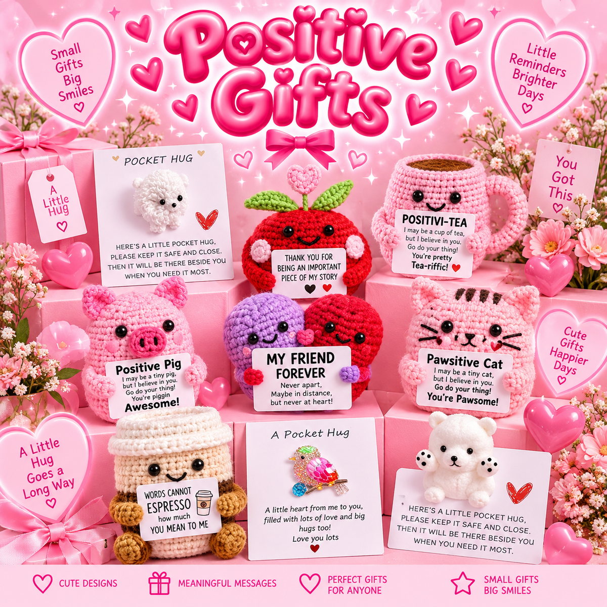 Pink Positive Gifts collection featuring crochet pocket hugs, friendship hearts, positive animals, a tea cup and uplifting message cards.
