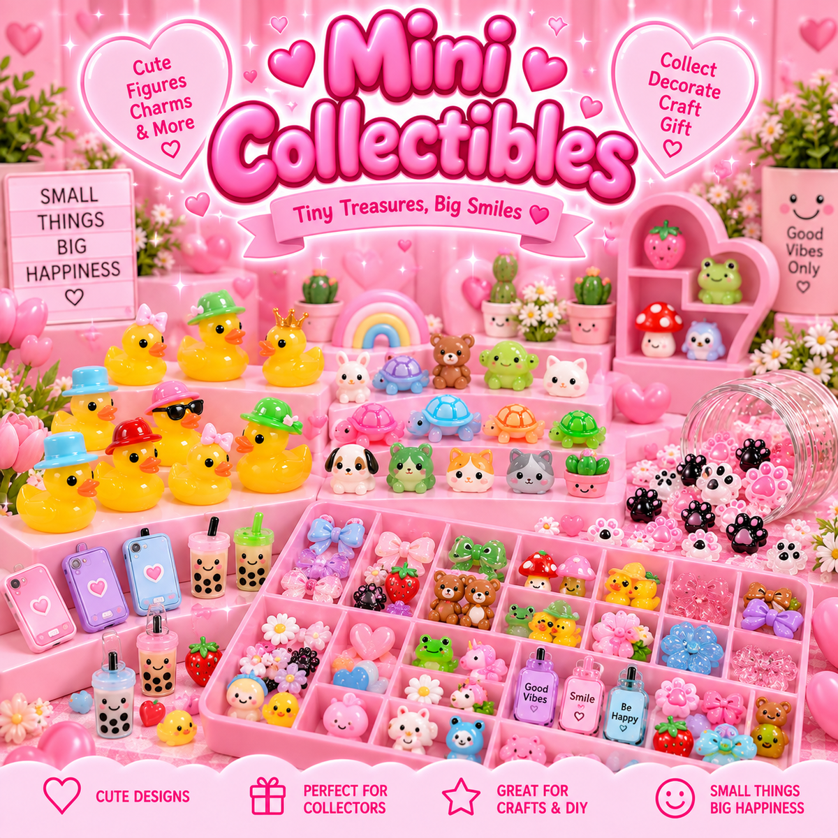 Pink Mini Resin Figures collection featuring colourful tiny ducks, turtles, paw prints, mini cups and novelty figures for collecting and gifting.