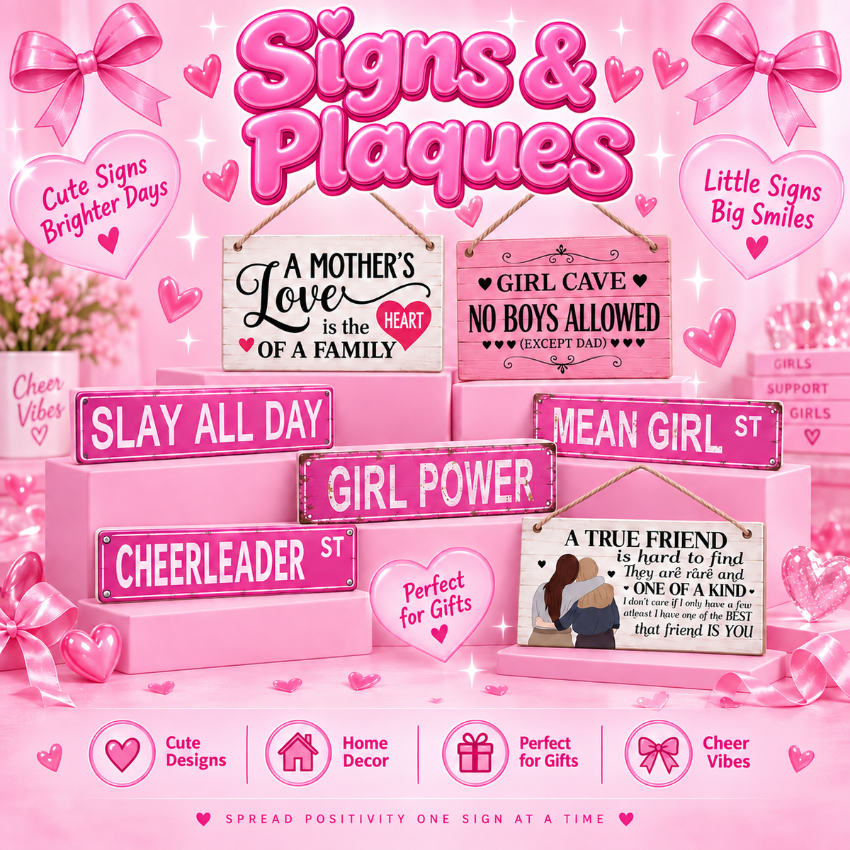 Pink Signs & Plaques collection featuring cheerleading, friendship, family, girl power and decorative wall signs in cute pink designs