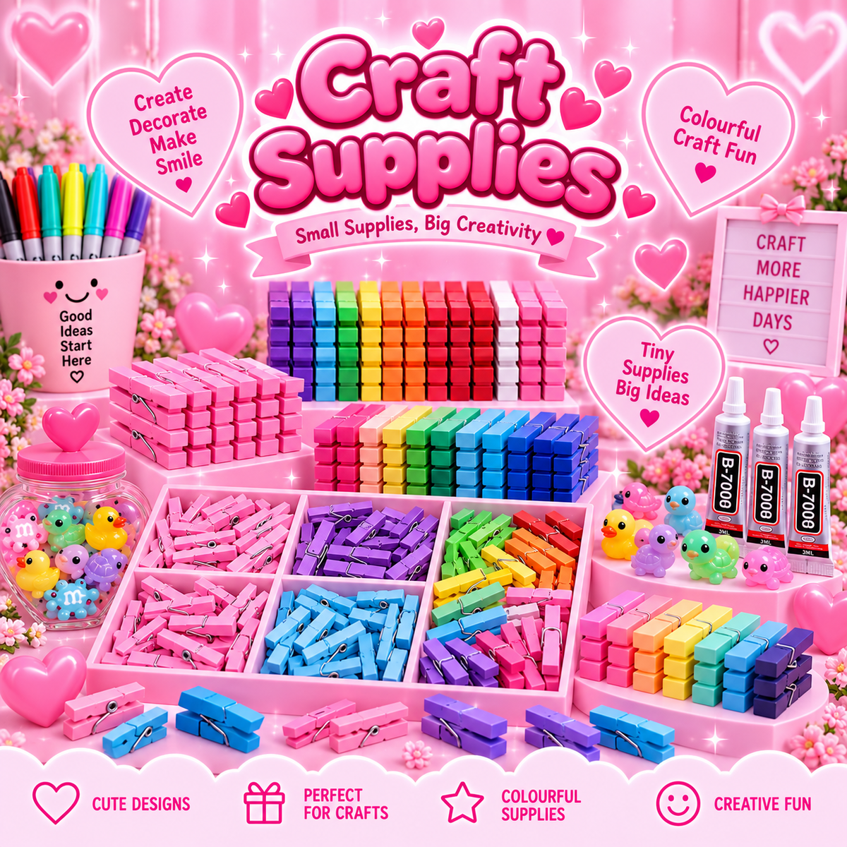 Pink Craft Supplies collection featuring colourful wooden pegs, markers, glue and small craft accessories for creative projects and decorating.