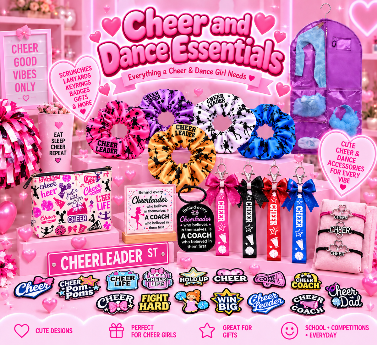 Pink Cheer & Dance Essentials collection featuring scrunchies, cheer keyrings, lanyards, bracelets, badges, signs and a cheer-themed bag.