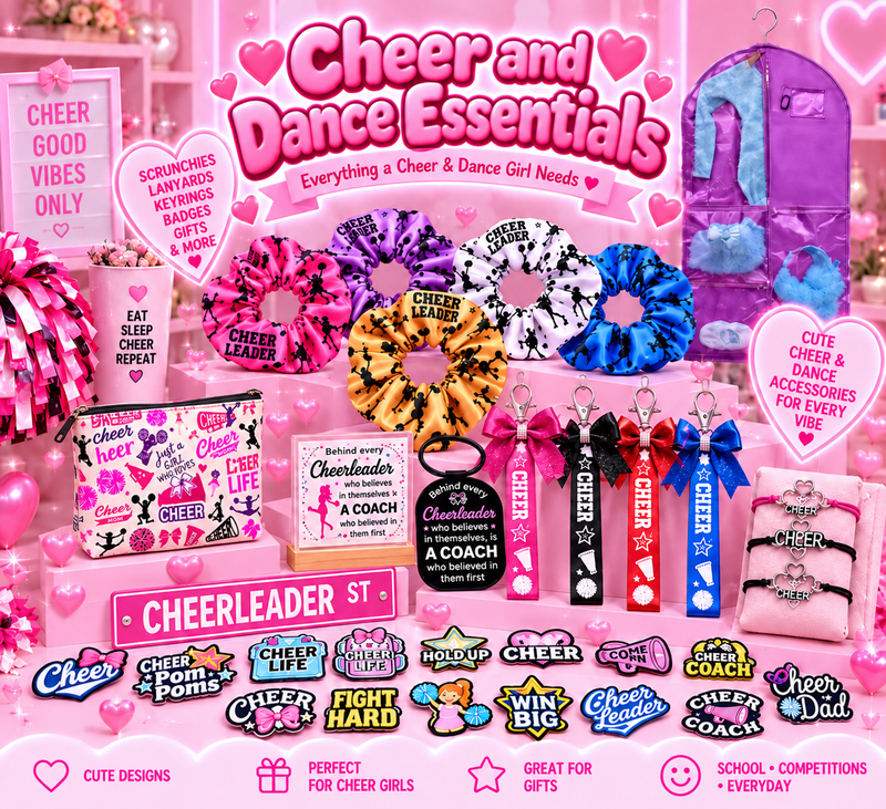 Pink Cheer & Dance Essentials collection featuring scrunchies, cheer keyrings, lanyards, bracelets, badges, signs and a cheer-themed bag.