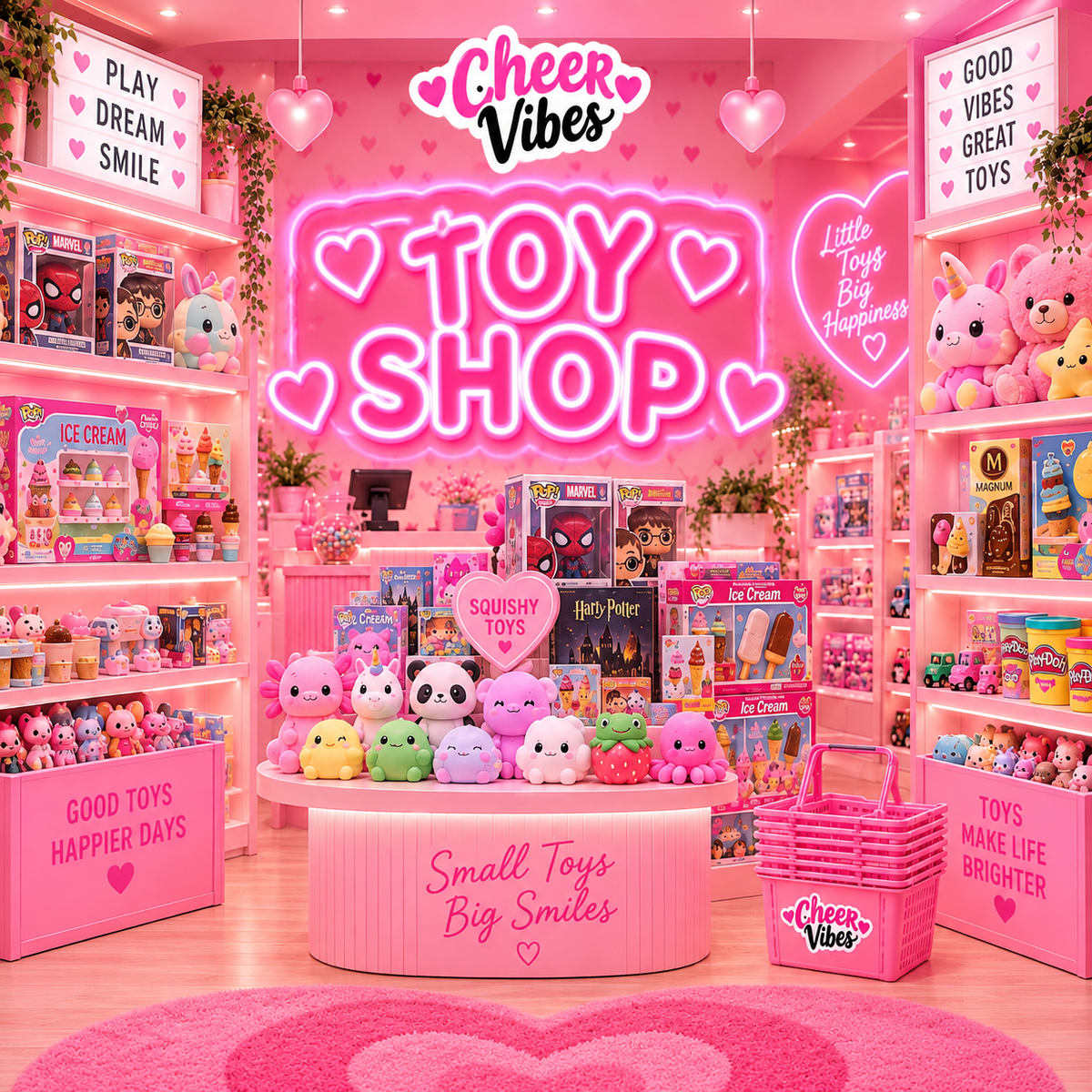 Pink Cheer Vibes Toy Shop collection featuring squishy toys, plushies, boxed toy sets, collectible figures, ice cream playsets and colourful kids’ toys.