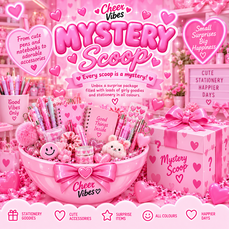 Pink Cheer Vibes Mystery Scoop collection featuring cute pens, notebooks, stationery, keyrings, scrunchies and surprise accessories in a mystery gift box.