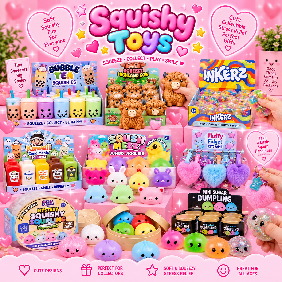 Pink Squishy Toys collection featuring bubble tea squishies, Highland cows, kawaii condiment bottles, dumplings, colourful animals and sensory toys.
