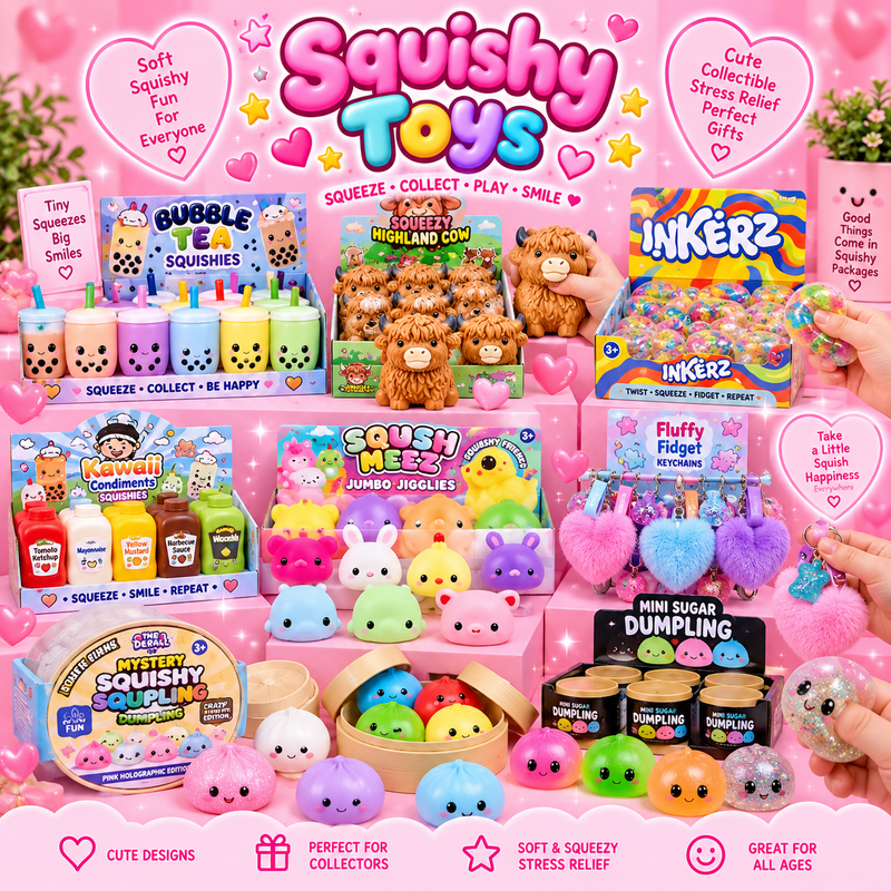Pink Squishy Toys collection featuring bubble tea squishies, Highland cows, kawaii condiment bottles, dumplings, colourful animals and sensory toys.