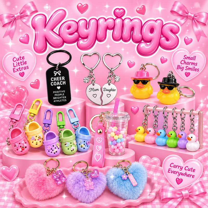 Pink Keyrings collection featuring cheer, heart, duck, mini bag, drink cup and fluffy keychains in cute colourful designs.