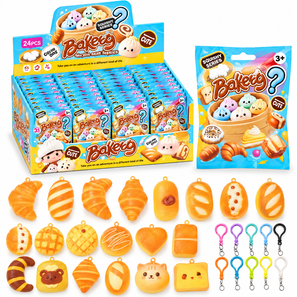 Bakery mystery slow-rising pastry squishy keychain 4–6cm with surprise bread and croissant designs, one keychain in each blind pack; original product photograph