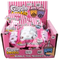 Giggletastic Bubble Tea Buddies retail display with individually packaged assorted squishy bubble tea characters