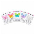 Five small printed cards labeled 'Pocket Hug' with colorful butterfly illustrations and short poems, arranged in a fan shape on a white background.