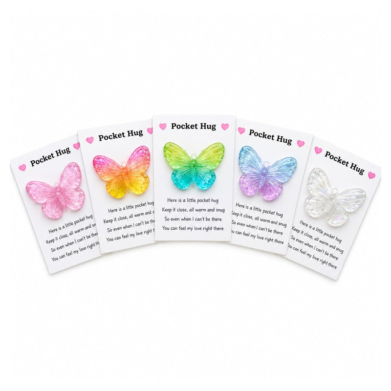 Five small printed cards labeled 'Pocket Hug' with colorful butterfly illustrations and short poems, arranged in a fan shape on a white background.