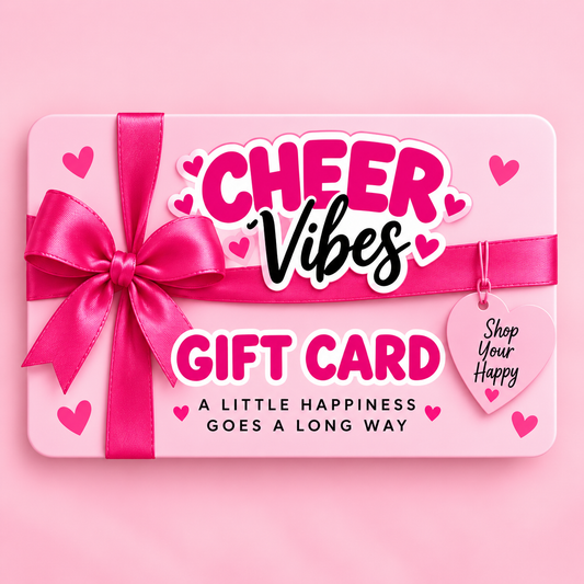 A pink gift card with a bright pink ribbon and bow, decorated with small hearts and the text 'CHEER Vibes GIFT CARD' and 'A LITTLE HAPPINESS GOES A LONG WAY' on a matching pink background.