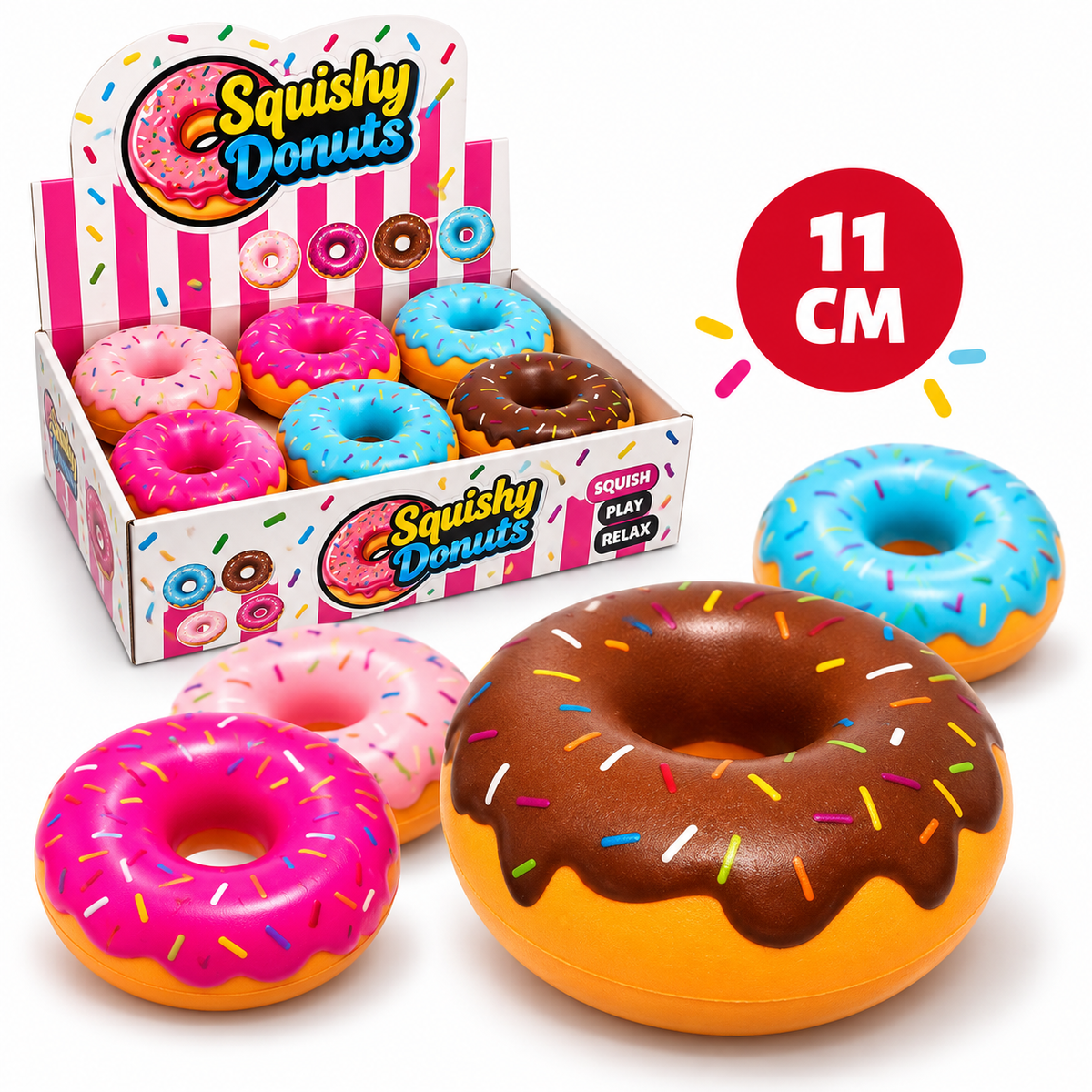 A retail display box and several oversized donut-shaped squishy pool floats on a white background. The box is labeled 'Squishy Donuts' and shows multiple colorful donuts inside.