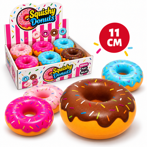 A retail display box and several oversized donut-shaped squishy pool floats on a white background. The box is labeled 'Squishy Donuts' and shows multiple colorful donuts inside.