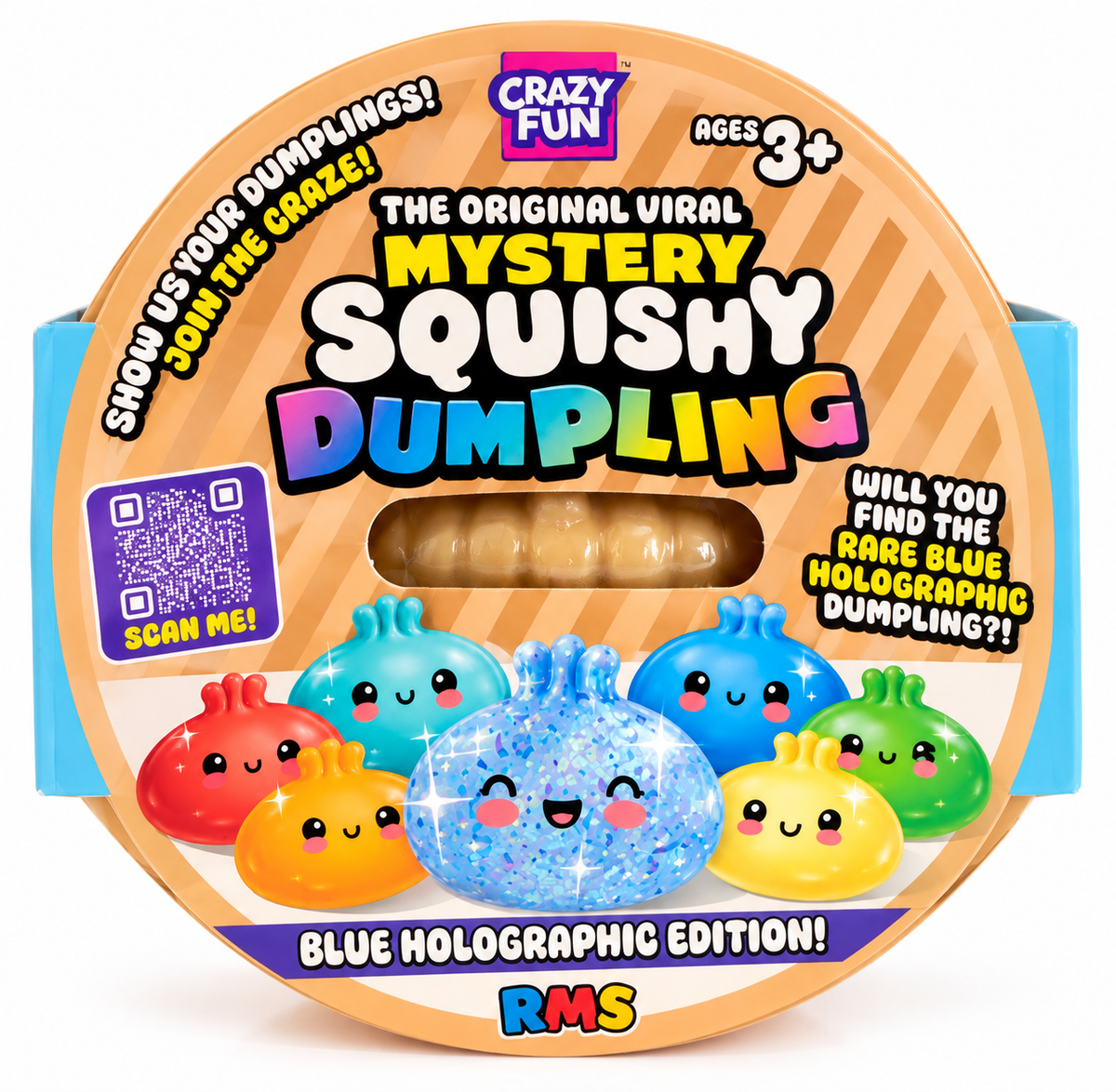 A round plastic toy package for 'The Original Viral Mystery Squishy Dumpling' by Crazy Fun and RMS, featuring a blue holographic dumpling visible through a clear window, with colorful cartoon dumpling graphics and text on a white background.