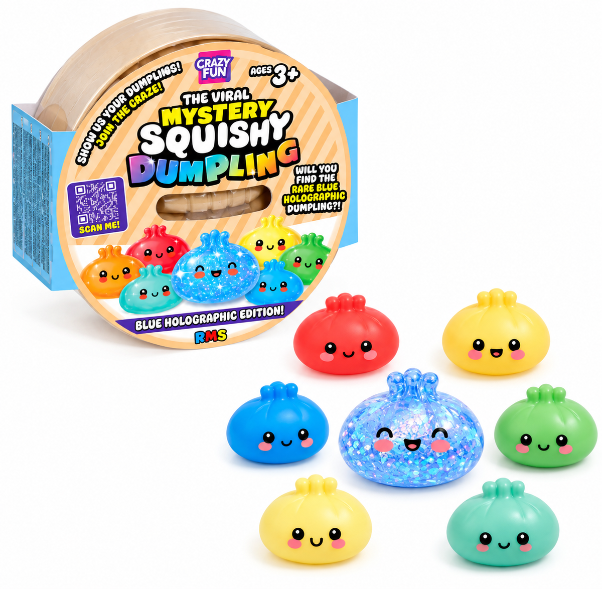 Crazy Fun 'The Viral Mystery Squishy Dumpling' Blue Holographic Edition toy set, showing the cardboard packaging box and several colorful, squishy dumpling figures with cute faces on a white background.