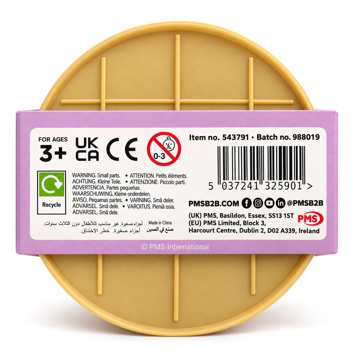 A circular beige plastic play mat with a purple rectangular label showing product details, photographed on a white background.