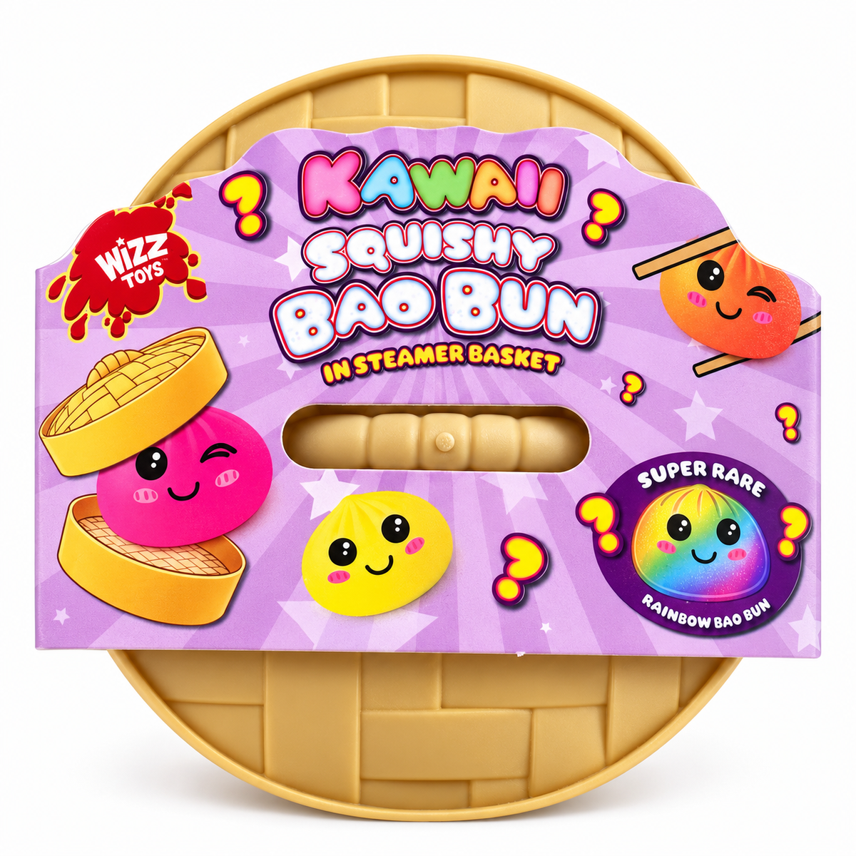 Wizz Toys Kawaii Squishy Bao Bun in Steamer Basket toy set, featuring a round beige steamer basket container with a purple illustrated lid and a clear window showing a small squishy bun inside.