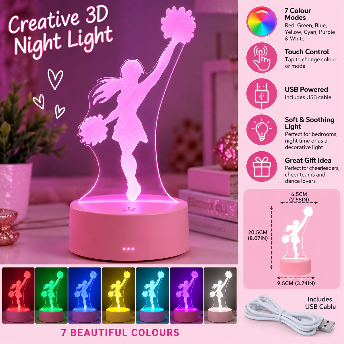 Cheerleader 3D LED Night Light – 7 Colour Touch Lamp with Pink Base