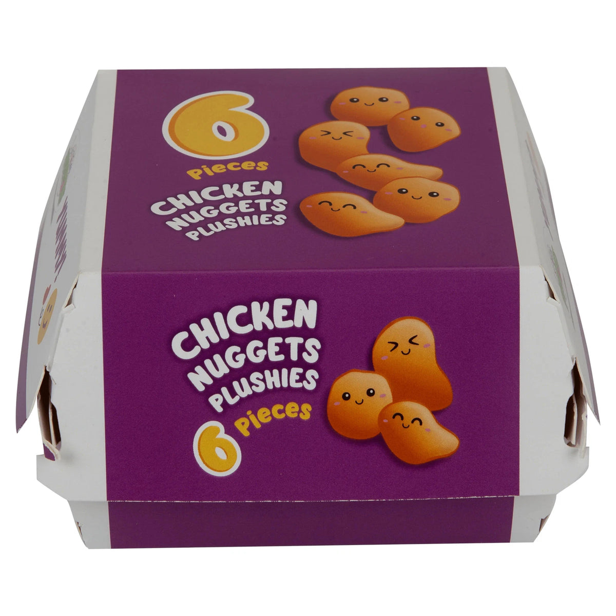 Pack of six golden chicken nugget plushies in purple takeaway-style box, fun novelty cute soft toy gift