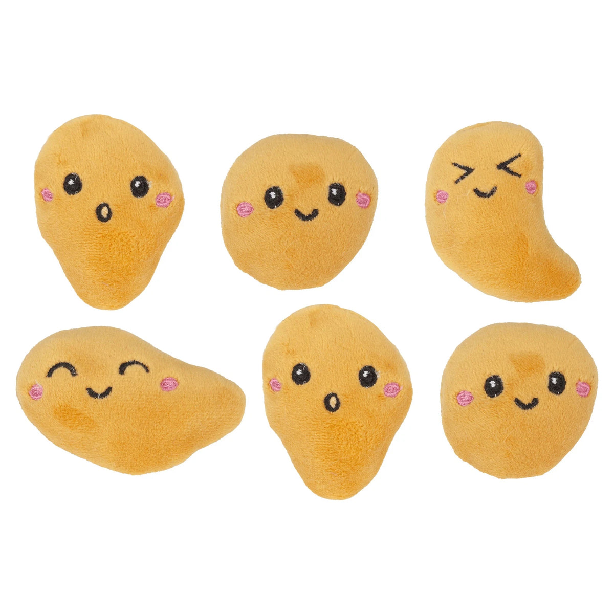 All six soft chicken nugget plushies laid out, each with different embroidered kawaii facial expressions and pink cheeks