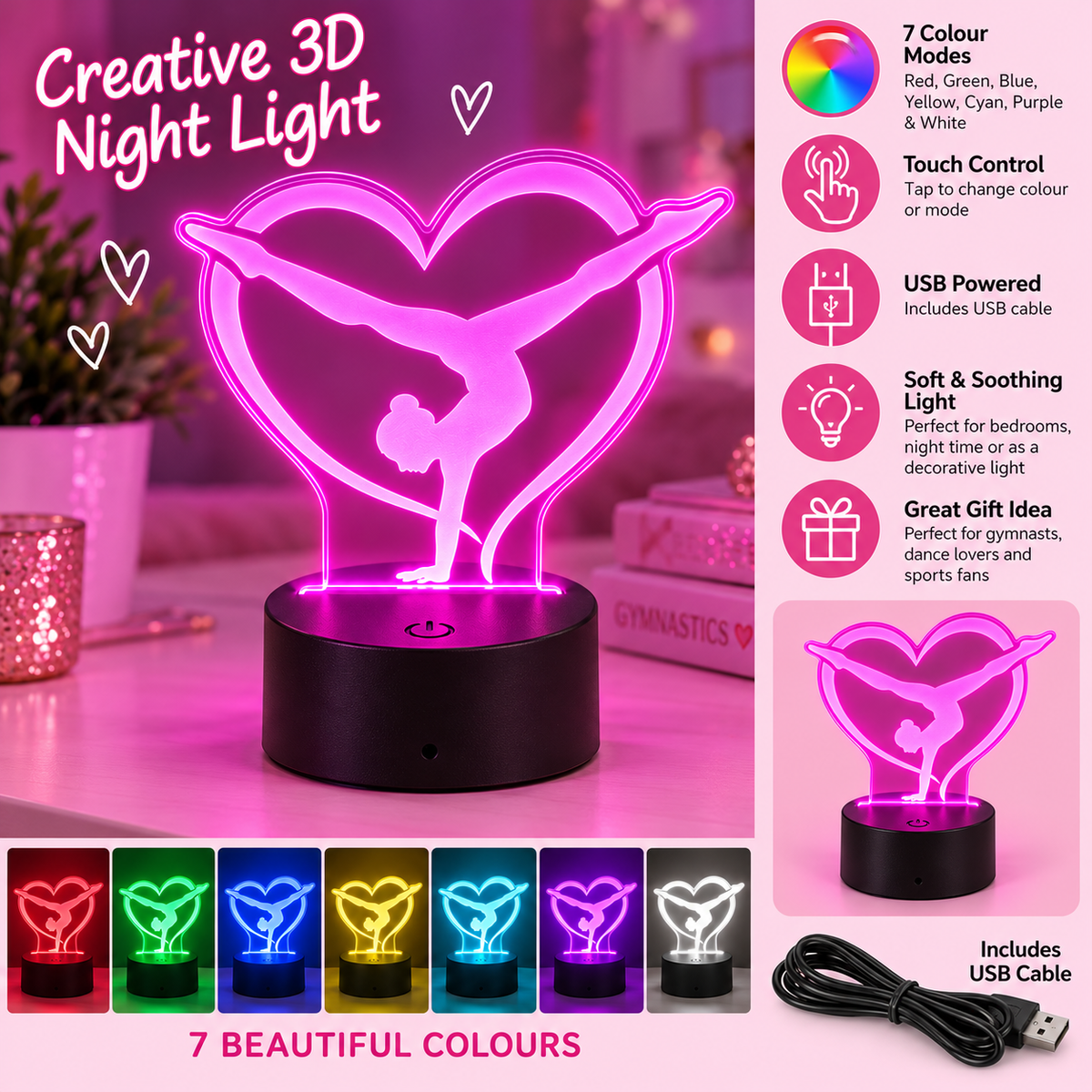Gymnastics Heart LED Night Light – Gymnast Gift with Black Base