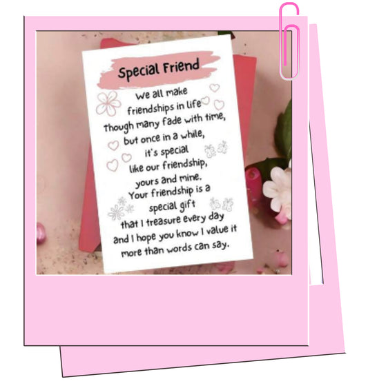 Greeting card for a special friend with a pink border and floral design.