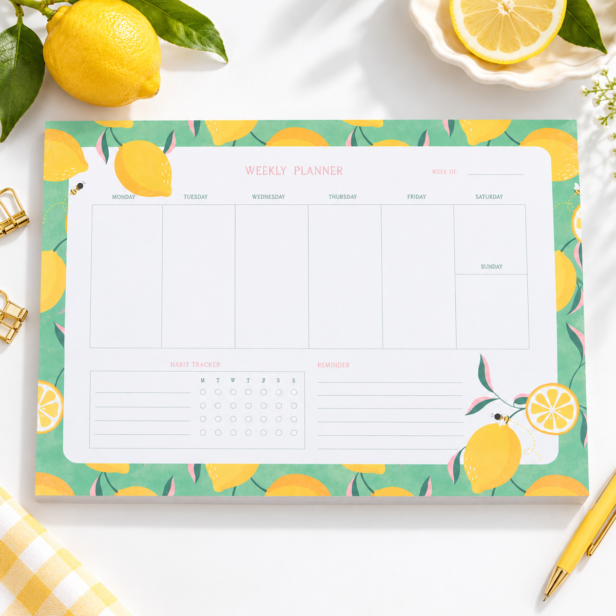 A4 Lemon Weekly Planner Pad – 52 Sheets | Habit Tracker & Weekly Organiser