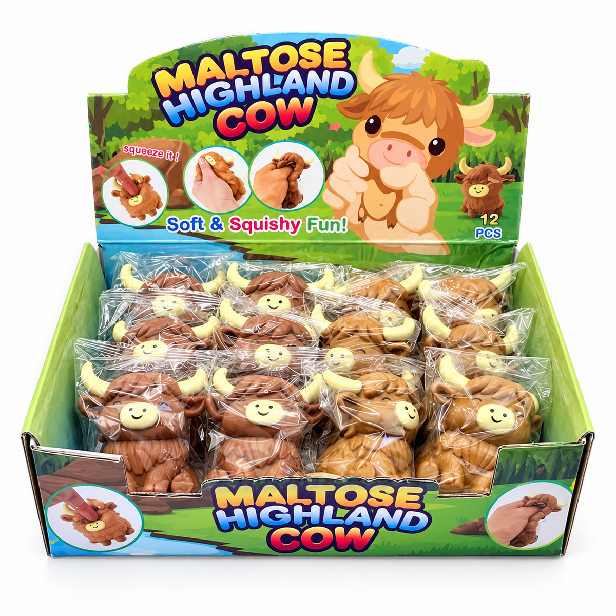 Maltose Squishy Highland Cow sensory fidget toy shown in product display photo