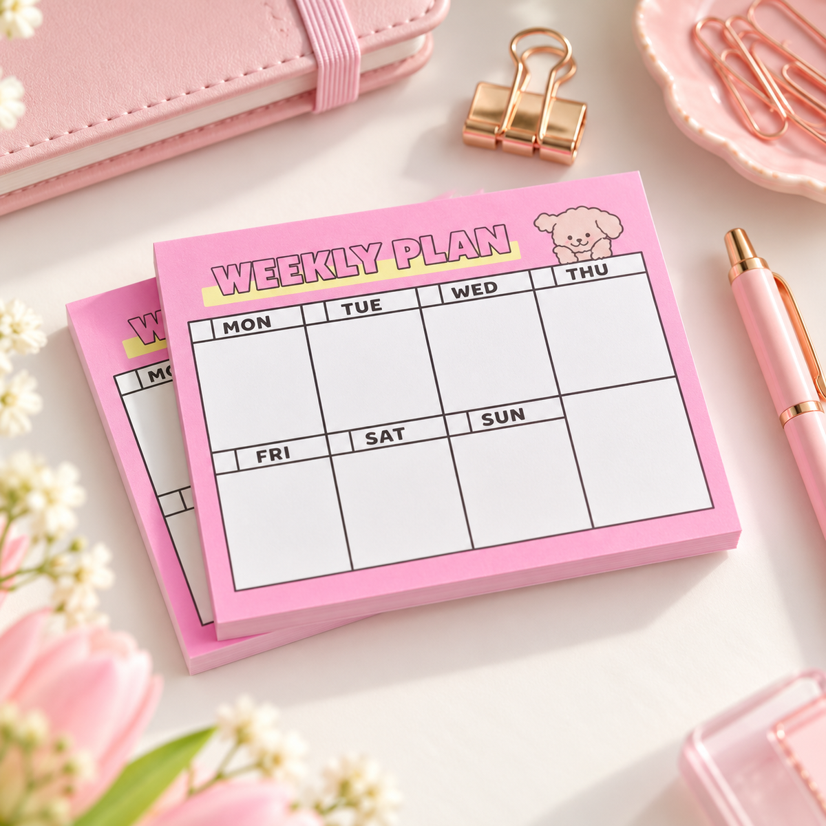 Mini Pink Weekly Planner Pad – Cute Puppy 7 Day To-Do List & Desk Organiser