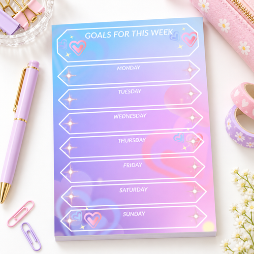 A weekly goals notepad with a pastel gradient cover, styled in a flat-lay arrangement with a lavender pen, paper clips, a floral pencil case, and washi tape on a white surface.