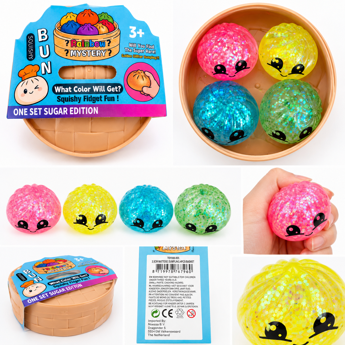 Glitter Squishy Dumpling Set – 4pc Rainbow Bao Buns in Steamer Basket 3.5cm