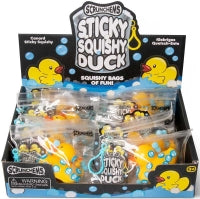 Scrunchems Sticky Squishy Duck supplier display showing individually packed toys