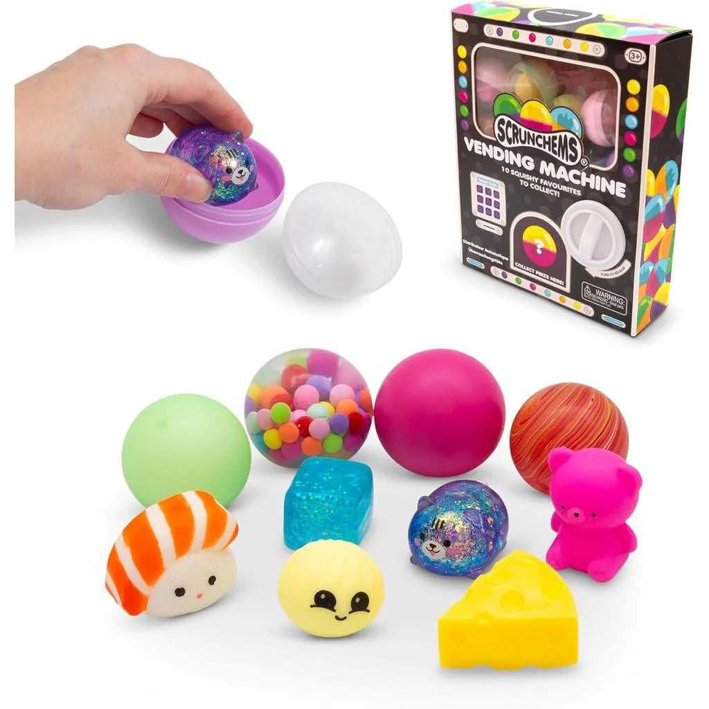Ten assorted squishy fidget toys from Scrunchems Vending Machine with capsules