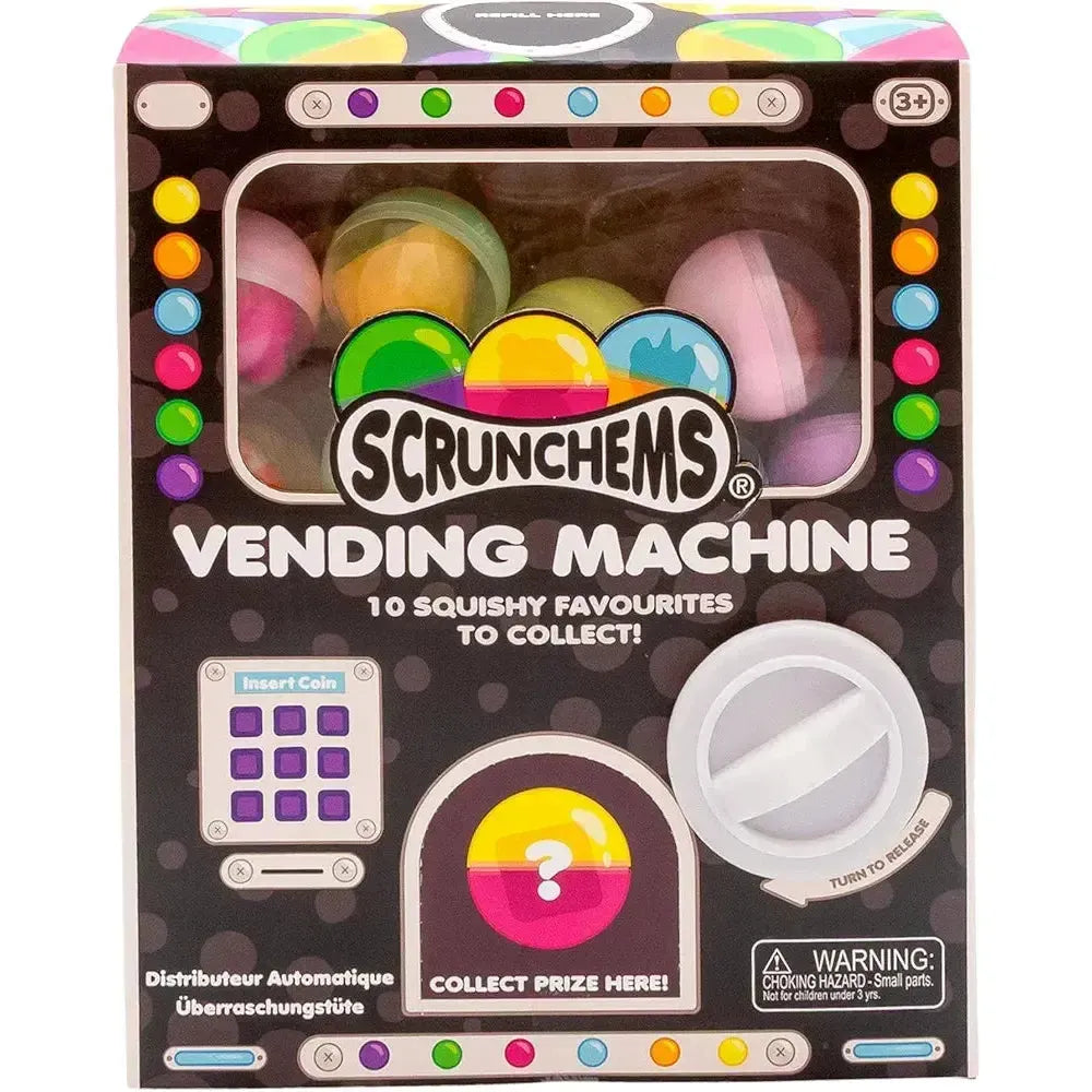 Scrunchems Vending Machine with ten mystery squishy capsules, front of packaging