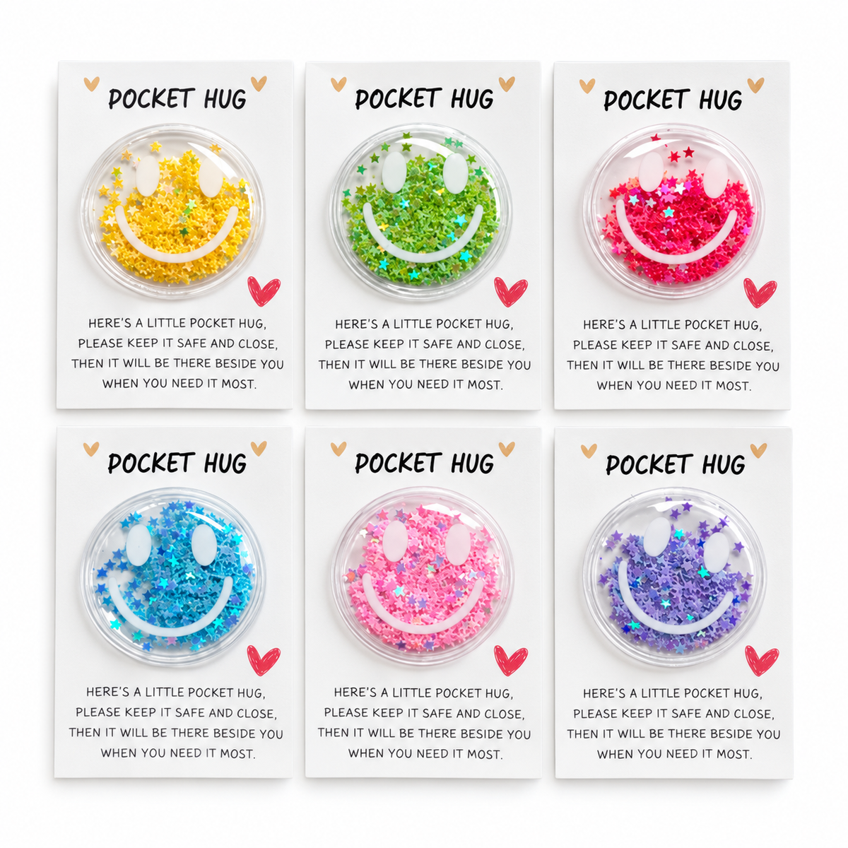 Glitter Face Pocket Hug smiley colour choice gifts in Blue, Green, Pink, Purple, Red and Yellow from Cheer Vibes