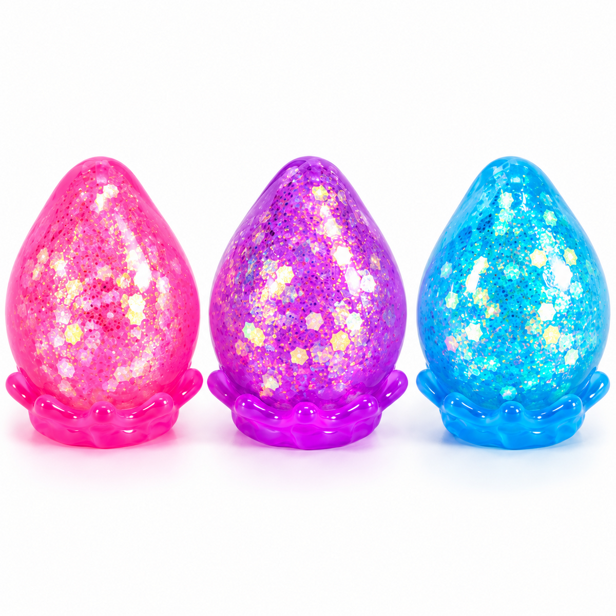 Squishy Dream Drop glittery drop-shaped sensory fidget toys in assorted pink, purple and blue colours, sold individually
