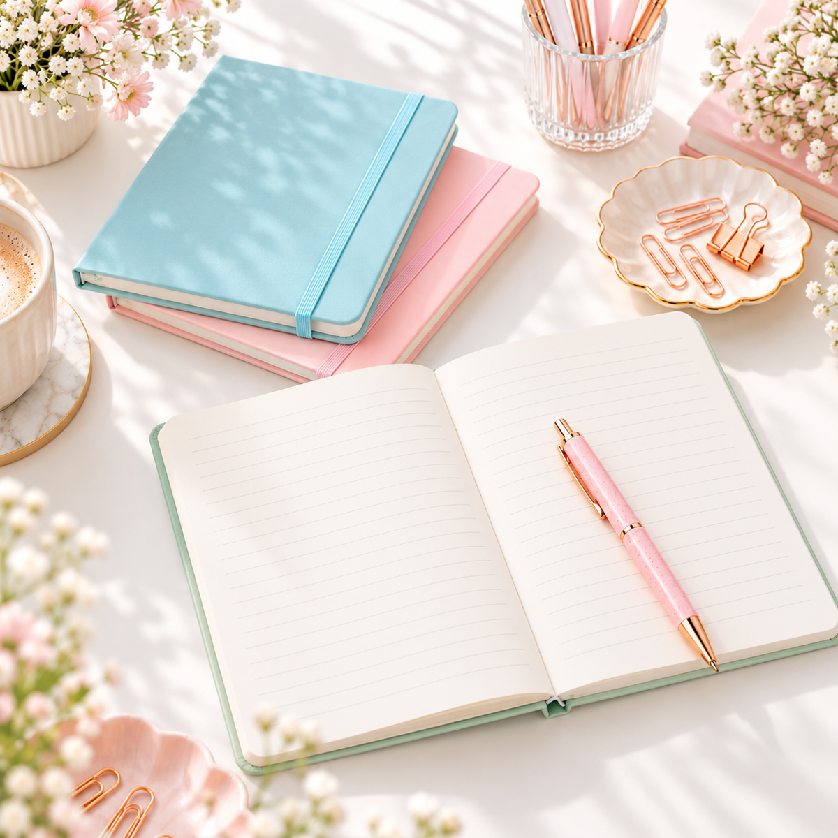 Open A5 lined journal showing writing pages with pastel notebooks