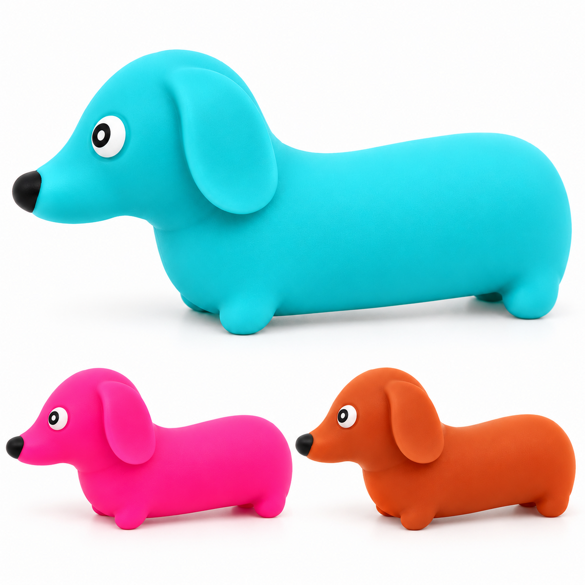 HTI sausage dog squishy dachshund toy in blue pink and orange assortment