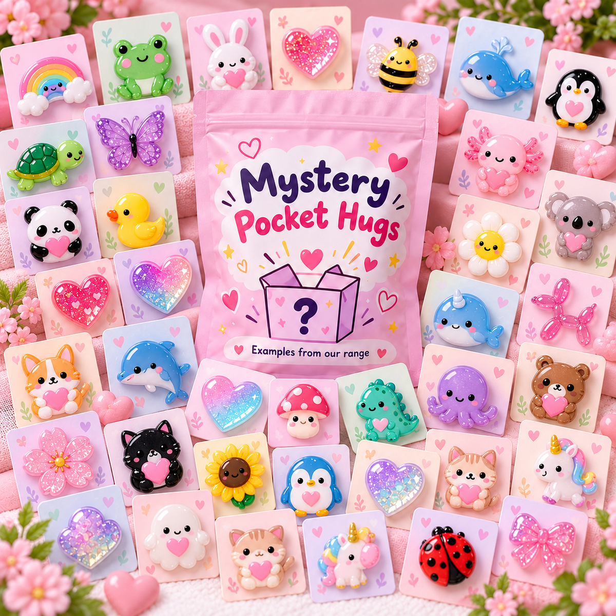 Illustrative mystery Pocket Hugs design with a mix of cute charms. Actual products and packaging may differ.
