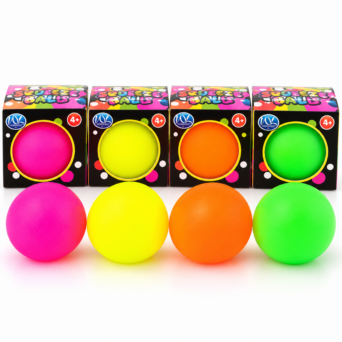 Neon Knead Squish Squeezy Doh Ball 38mm in four assorted colours pink yellow orange green with matching boxes