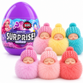 Purple surprise egg with assorted fluffy sleeping baby doll keychains in pink, yellow, blue and coral pom-pom hats