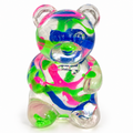 Gummy Bear Squishy sensory toy in translucent neon pink, bright green and blue swirl pattern with white background, one bear per purchase