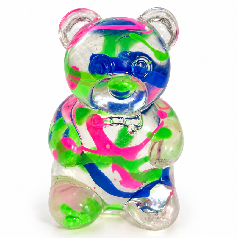 Gummy Bear Squishy sensory toy in translucent neon pink, bright green and blue swirl pattern with white background, one bear per purchase